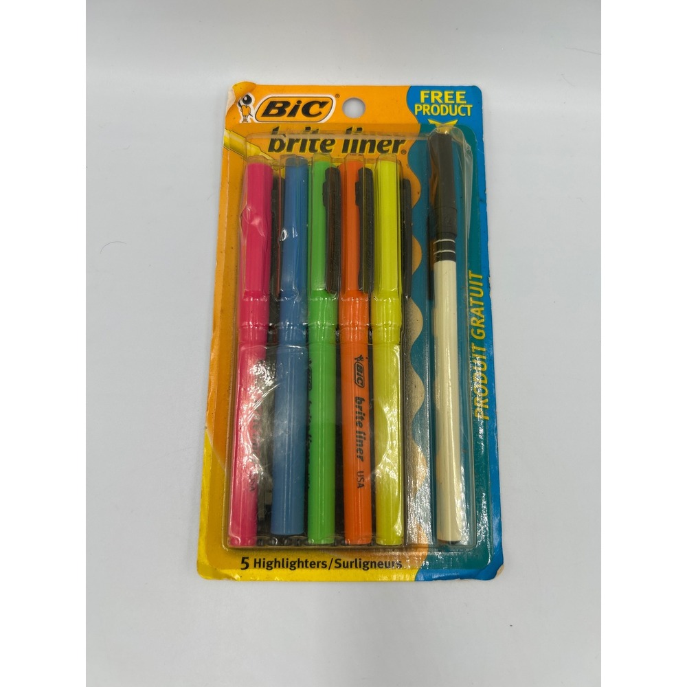Vintage‎ BIC Brite Liner Highlighters 5 Pack Plus Free Pen New 1991 Made in USA